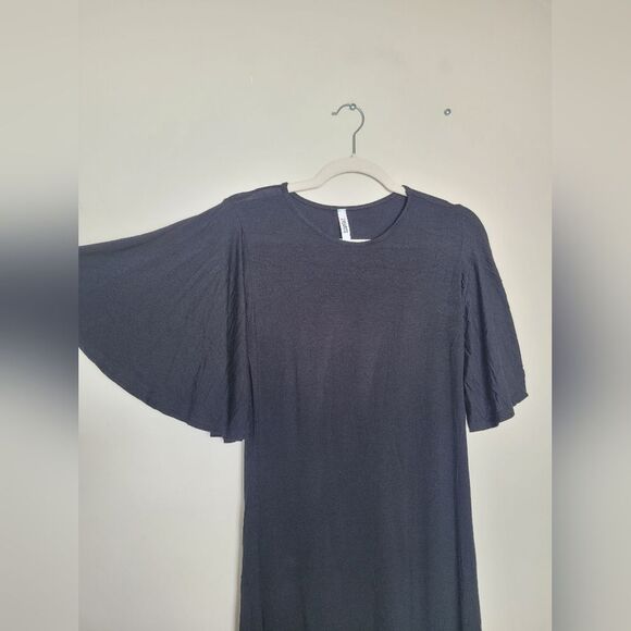 2Hearts Jersey Knit Dress Bell Sleeves Full Skirt Black Midi Soft Casual Medium - Picture 6 of 10